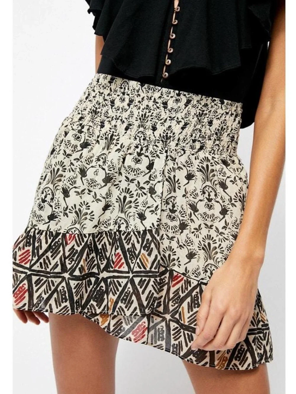 Free People XS Mini Skirt Bohemian Festival Ruffle Cotton Smocked